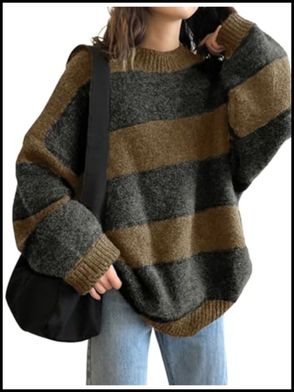 Oversized Striped Knit Pullover Sweater Long Sleeve Crewneck Womens